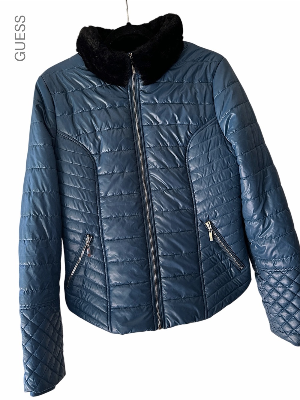 GUESS NWOT COLETT QUILTED PUFFER JACKET BLACK FAUX FUR COLLAR POCKETS | MEDIUM